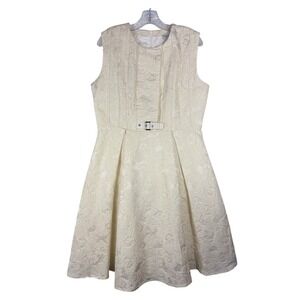 ChicStar Cream Floral Brocade Belted Fit and Flare Dress Sleeveless Large